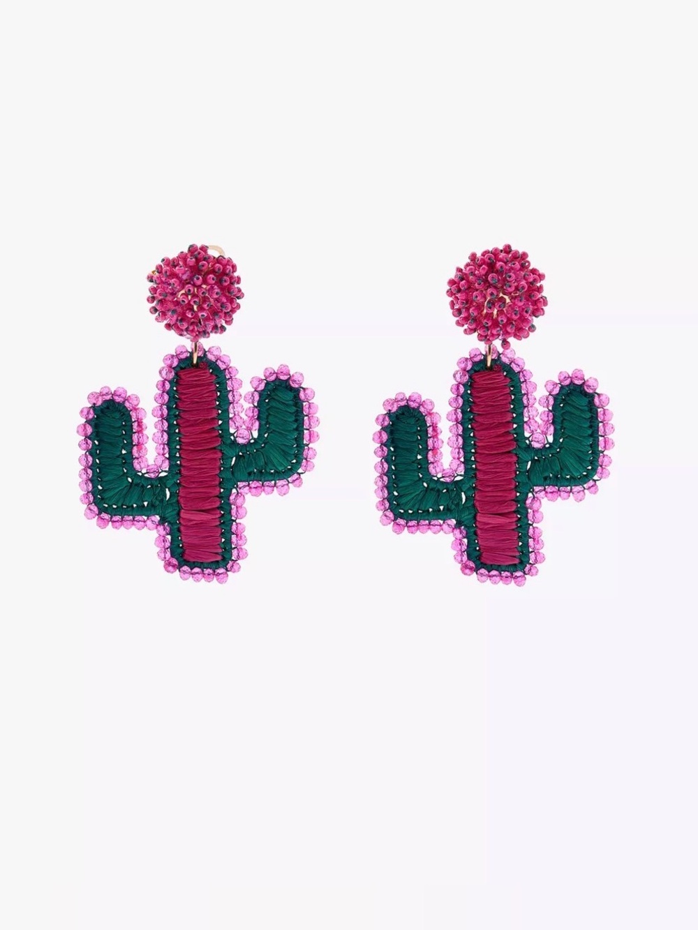 Zara Cactus Raffia Beaded Earrings - Pink & Green